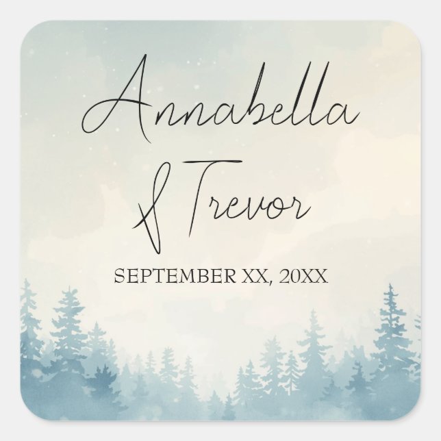 Watercolor Winter Pine Forest Custom Name Square Sticker (Front)