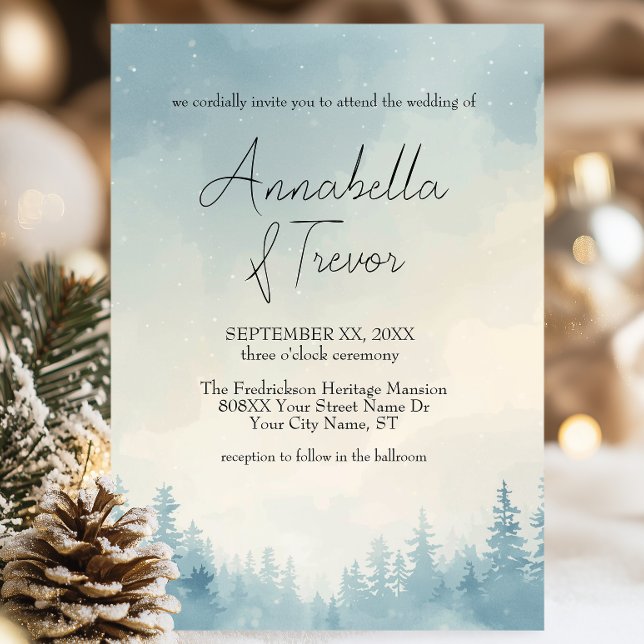Watercolor Winter Pine Forest Romantic Wedding Invitation (Creator Uploaded)