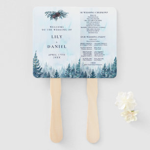 Watercolor Winter Pine Forest Wedding Program Hand Fan