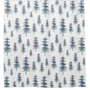 Watercolor Winter Pine Tree Pattern Shower Curtain