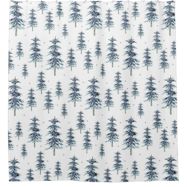 Watercolor Winter Pine Tree Pattern Shower Curtain (Front)