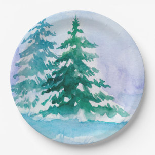 Watercolor winter pine trees paper plate