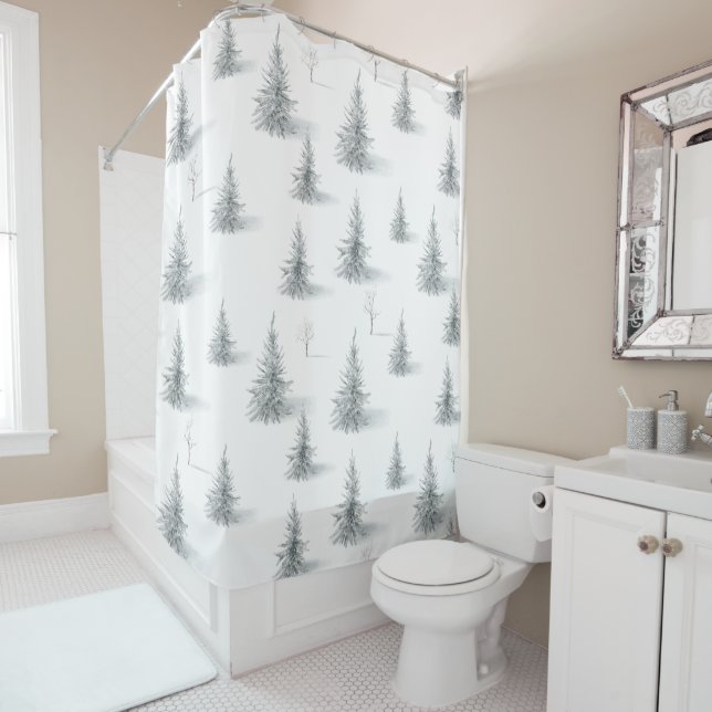 Watercolor Winter Pine Trees Pattern Shower Curtain (In Situ)