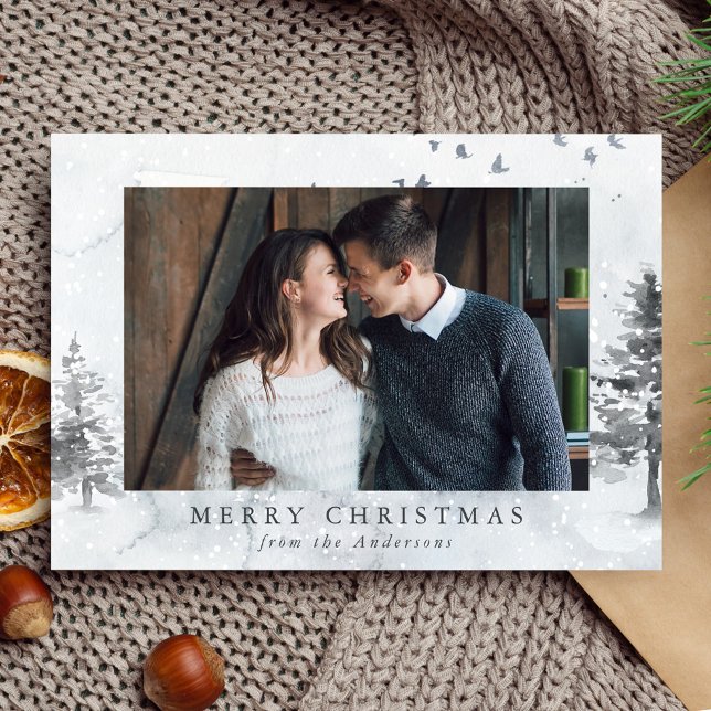 Watercolor Winter Pine Trees Photo Holiday Card (Creator Uploaded)
