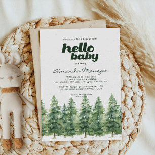 Watercolor Winter Pine Trees Snow Baby Shower Invitation
