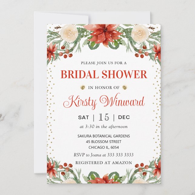 Watercolor Winter Poinsettia Floral Bridal Shower Invitation (Front)