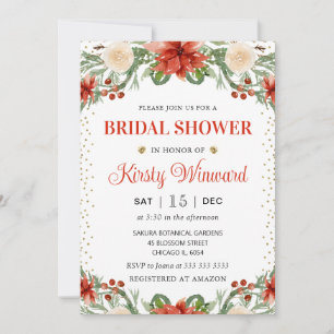 Watercolor Winter Poinsettia Floral Bridal Shower Invitation