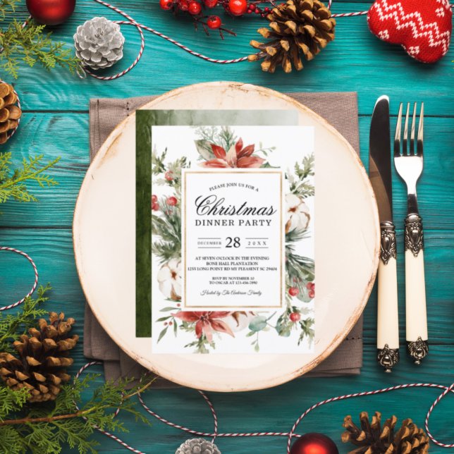 Watercolor Winter Poinsettia &  Green Pine Tree  I Invitation (Creator Uploaded)