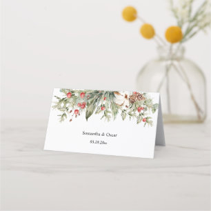 Watercolor Winter Poinsettia & Green Pine Tree Place Card