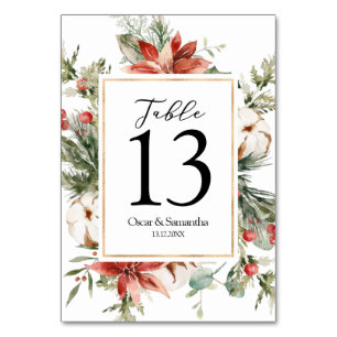 Watercolor Winter Poinsettia & Green Pine Tree Table Number
