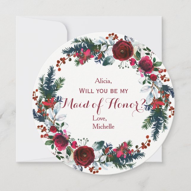 Watercolor winter red peonies wreath maid of honou invitation (Front)