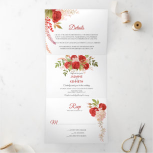 Watercolor Winter Red Roses and Greenery Wedding   Tri-Fold Invitation