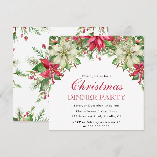 Watercolor Winter Red & White Poinsettia Christmas Invitation (Front/Back)