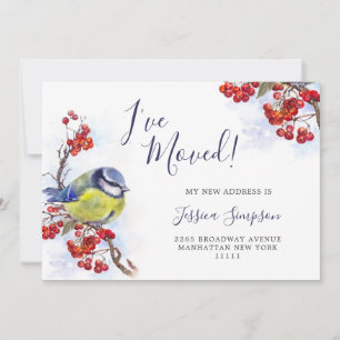 Watercolor Winter Redberry Tit Bird Moving Announcement