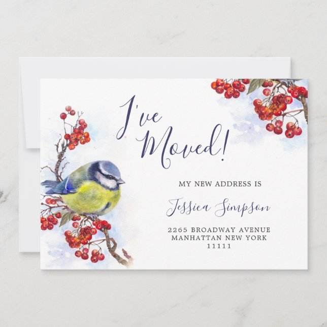 Watercolor Winter Redberry Tit Bird Moving Announcement (Front)