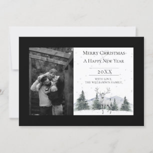 Watercolor Winter Reindeer   Black Photo Holiday Card