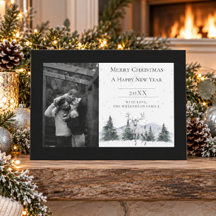 Watercolor Winter Reindeer Black Photo Holiday Card