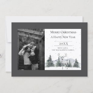 Watercolor Winter Reindeer Charcoal Gray Photo Holiday Card