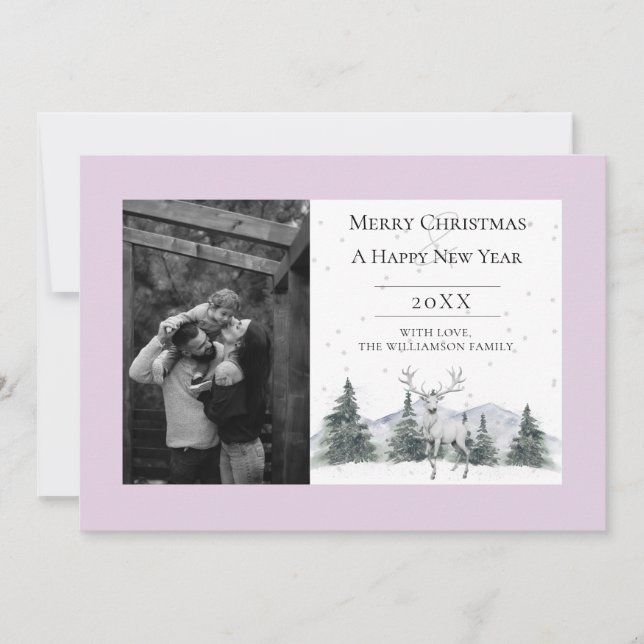 Watercolor Winter Reindeer | Pink Photo Holiday Card (Front)