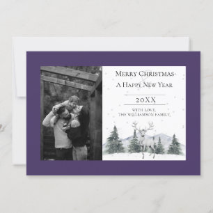 Watercolor Winter Reindeer Purple Photo Holiday Card