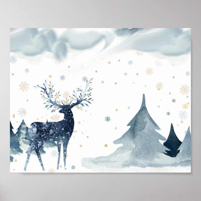 Watercolor Winter Reindeer Scene Poster (Front)