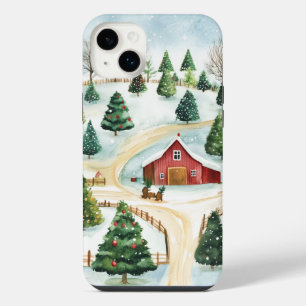 Watercolor Winter Rustic Landscape with Fir Trees iPhone 14 Plus Case