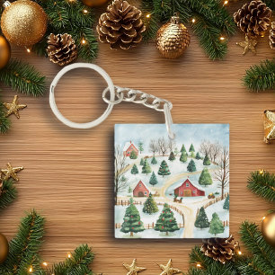 Watercolor Winter Rustic Landscape with Fir Trees Key Ring