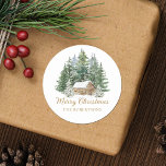 Watercolor Winter Rustic Woodland Cabin Christmas Classic Round Sticker<br><div class="desc">These rustic personalised Merry Christmas stickers feature a cosy winter scene with a cabin nestled in the snowy pine forest. Please visit the collection for matching products,  or contact me through Zazzle Chat for design tweaks or more matching products.</div>