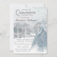 Watercolor winter scene blue dress Quinceañera