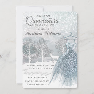 Watercolor winter scene blue dress Quinceañera  Invitation