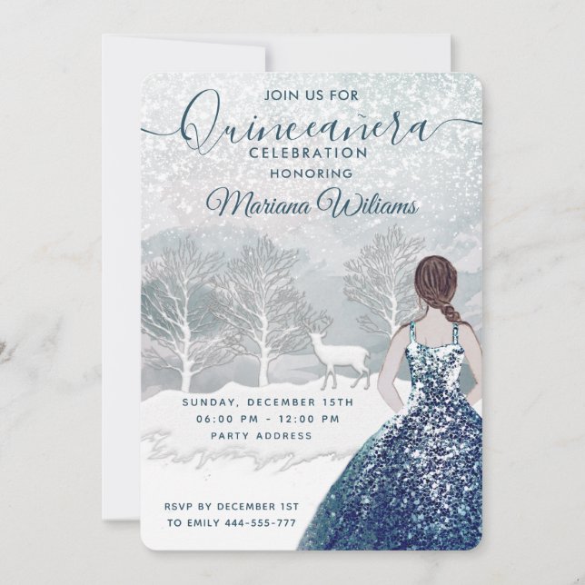 Watercolor winter scene blue dress Quinceañera Invitation (Front)