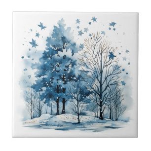 Watercolor winter scene in the forest tile