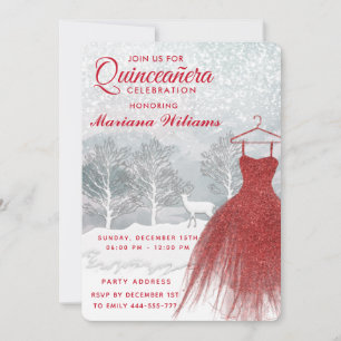 Watercolor winter scene red  dress Quinceañera  Invitation