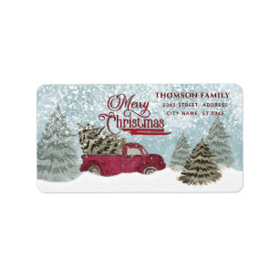Watercolor Winter scene red truck Christmas Label