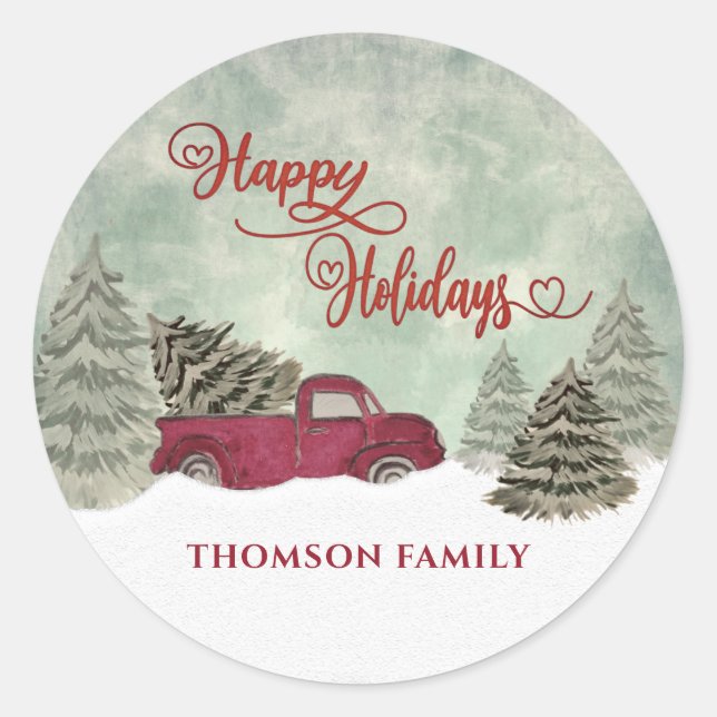 Watercolor Winter scene red truck  Holiday Classic Round Sticker (Front)