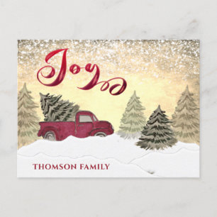 Watercolor Winter scene red truck Joy Holiday Card