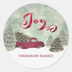 Watercolor Winter scene red truck Joy Holiday Classic Round Sticker