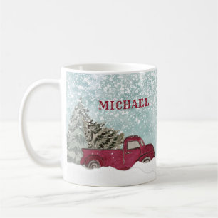 Watercolor Winter scene red truck Joy Holiday  Cof Coffee Mug