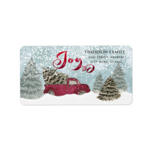 Watercolor Winter scene red truck Joy Holiday Labe Label