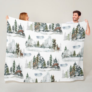 Watercolor Winter Scene Woodland Forest Reindeer Fleece Blanket