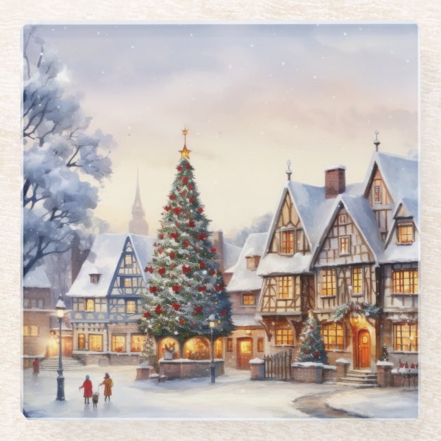Watercolor Winter Scenery Christmas Village Glass Coaster (Front)