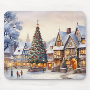 Watercolor Winter Scenery Christmas Village Mouse Mat