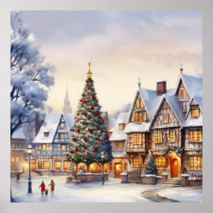 Watercolor Winter Scenery Christmas Village Poster