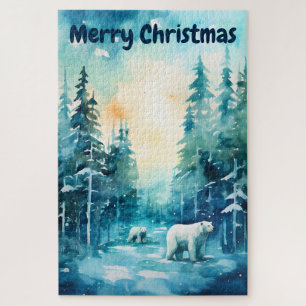 Watercolor Winter Scenery North Pole Christmas Jigsaw Puzzle