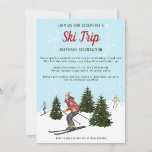 Watercolor Winter Ski Trip Skiing Birthday Party Invitation