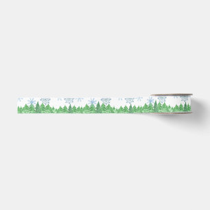 Watercolor Winter Snow and Trees Grosgrain Ribbon