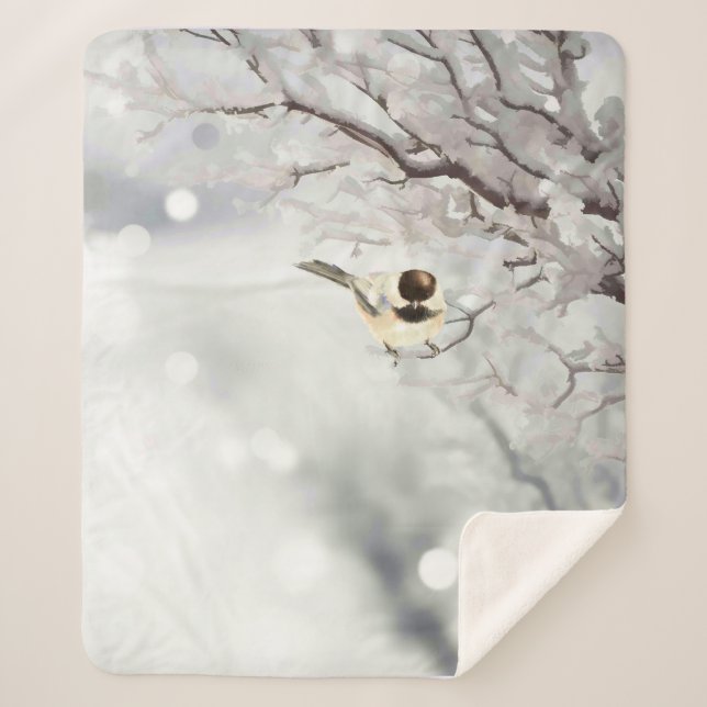 Watercolor Winter Snow Frost Chickadee Bird  Sherpa Blanket (Front)