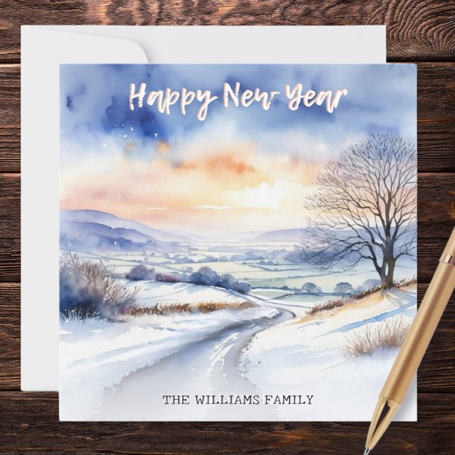 Watercolor Winter Snow Landscape Happy New Year Holiday Card (Wish friends and family a Happy New Year with this personalized card, featuring a snowy landscape
)