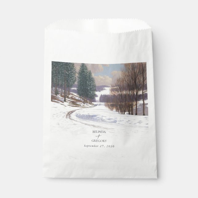 Watercolor Winter Snow Landscape Wedding Favour Bags (Front)