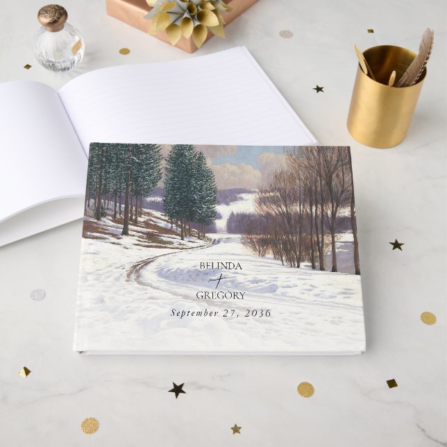 Watercolor Winter Snow Landscape Wedding Guest Book (Front Open)